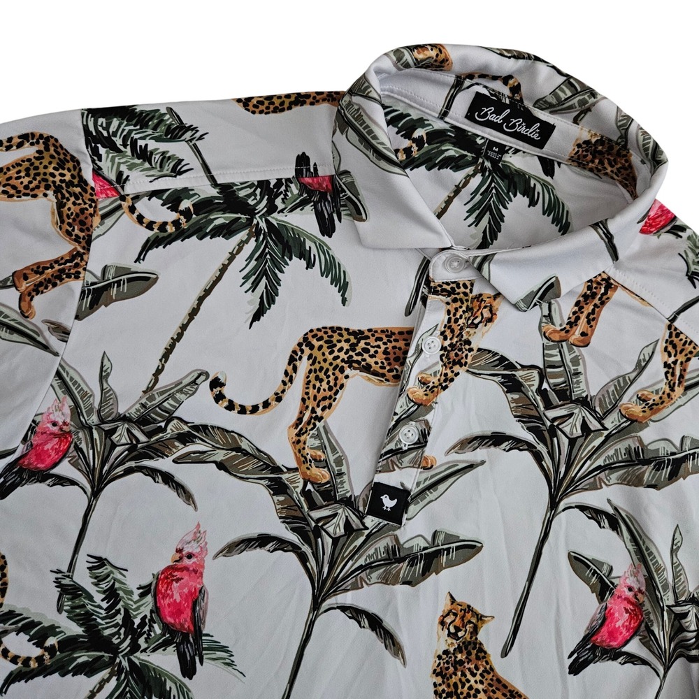 Bad Birdie Golf Polo Shirt (Men's Medium) Wildlife Cheetah Palm Trees Bird White